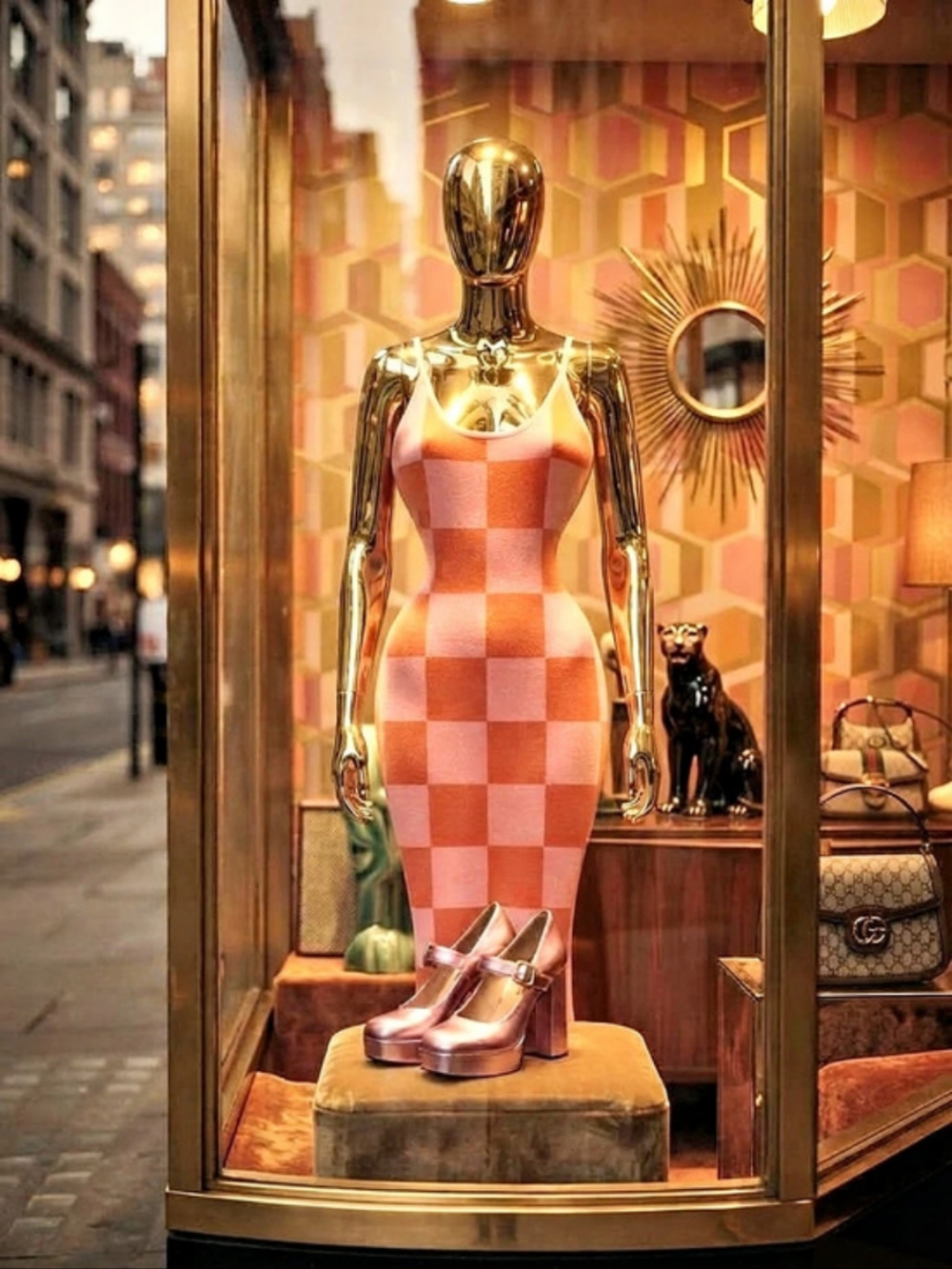 Retro Checkered Maxi Bodycon Dress in Pink & Orange
